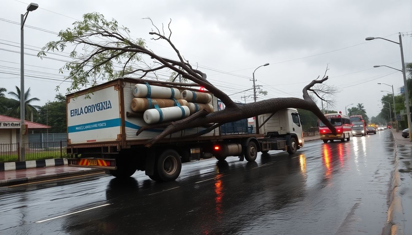Tree falls on oxygen cylinder truck in Kopri, Thane during heavy rains