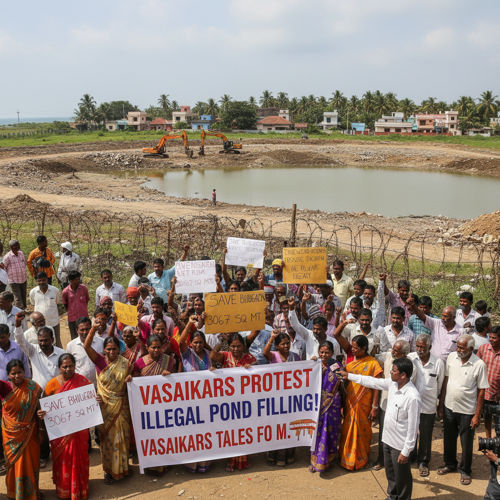 Vasaikars Protest Illegal Filling of 3,067 Square Meter Bhuigaon Village Pond