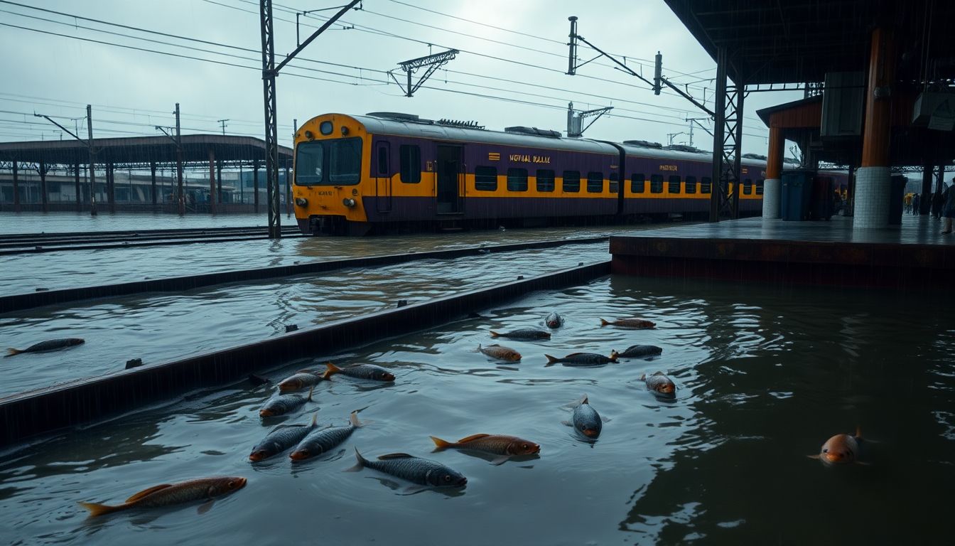 Catfish spotted swimming on flooded Mumbai railway tracks amid heavy monsoon rains