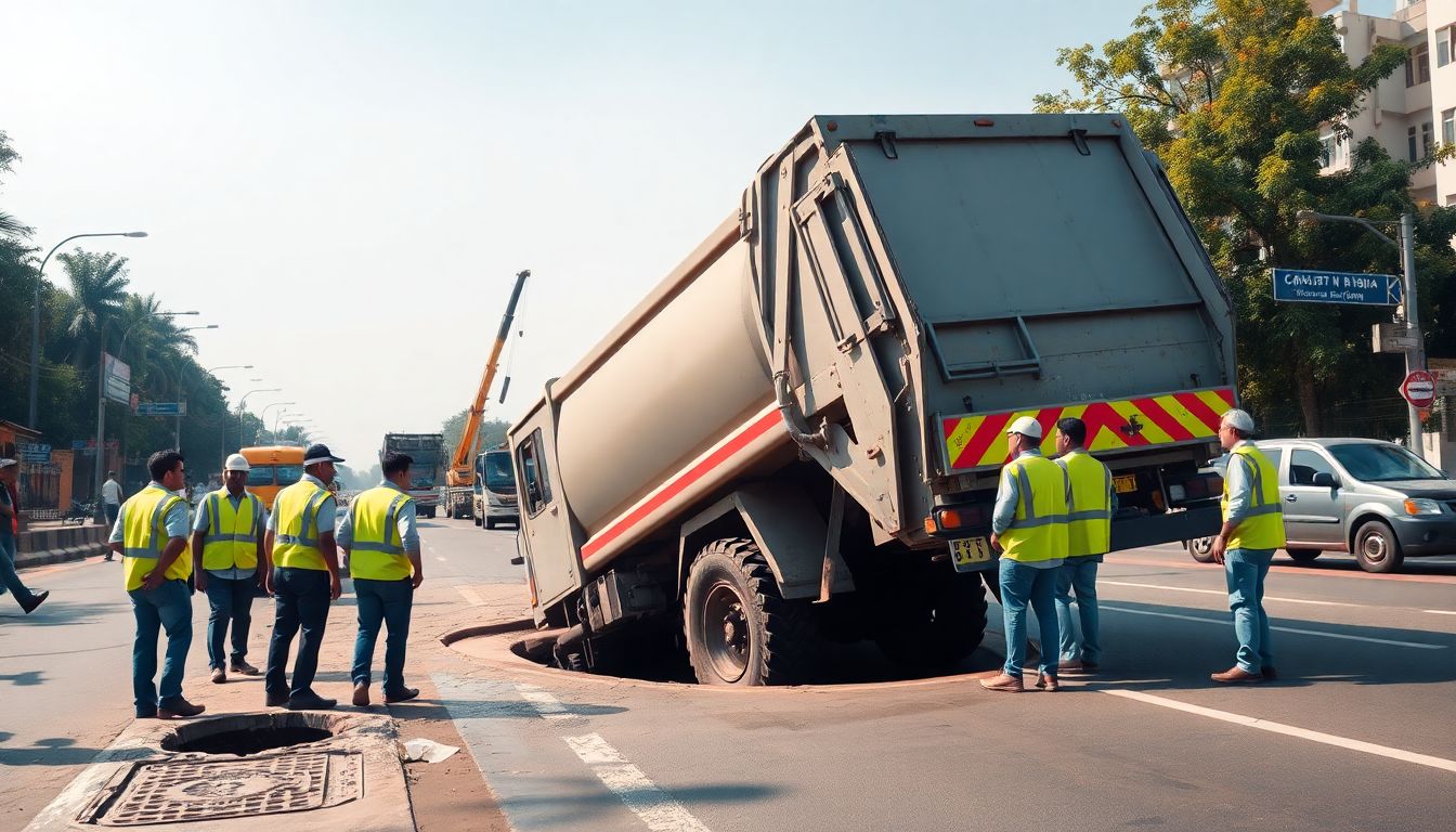 Garbage Truck Gets Stuck in Drain Cover on Main Road in Achole, Nalasopara
