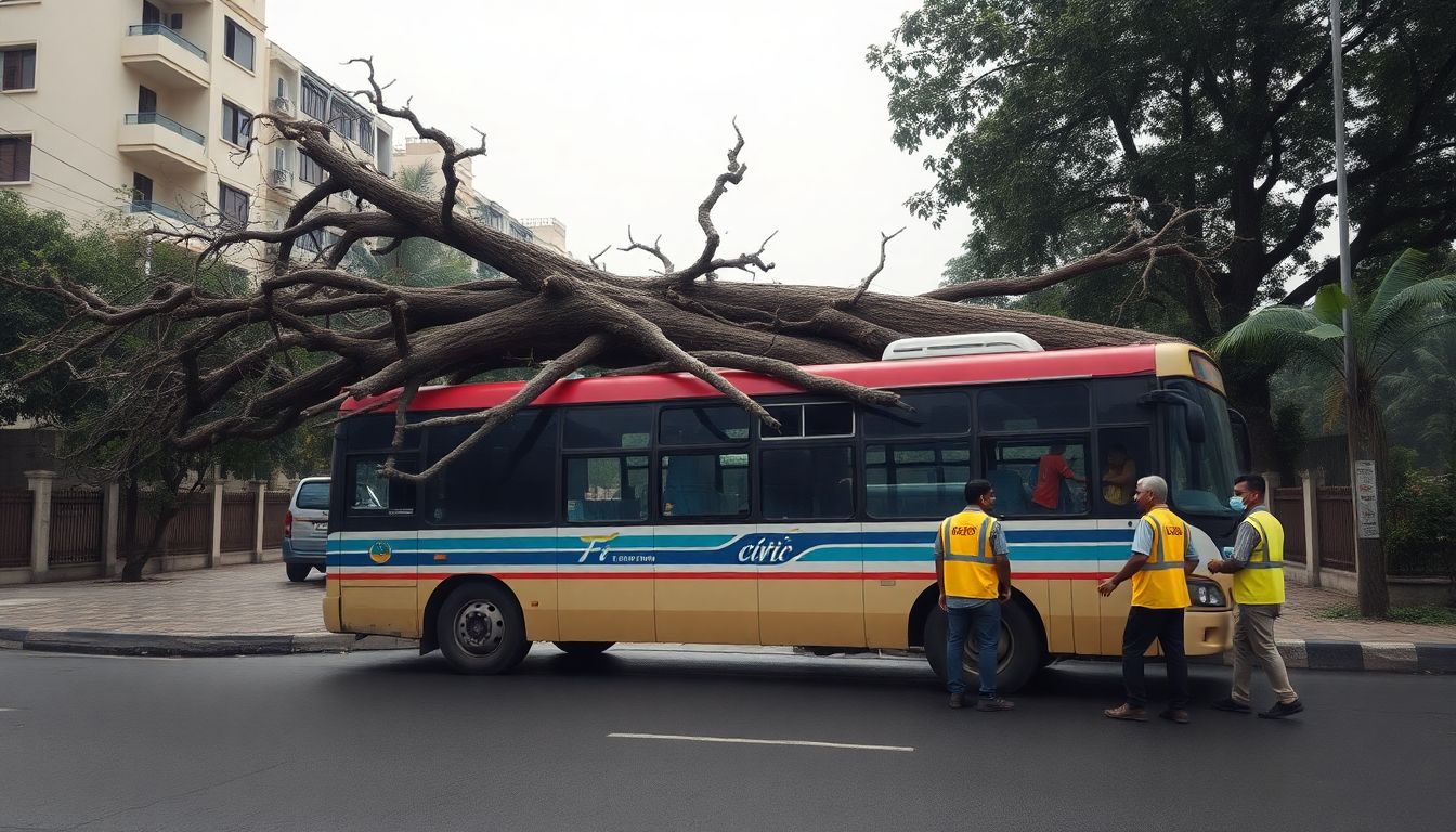 Tree Collapses on Parked Bus in Naupada with No Injuries