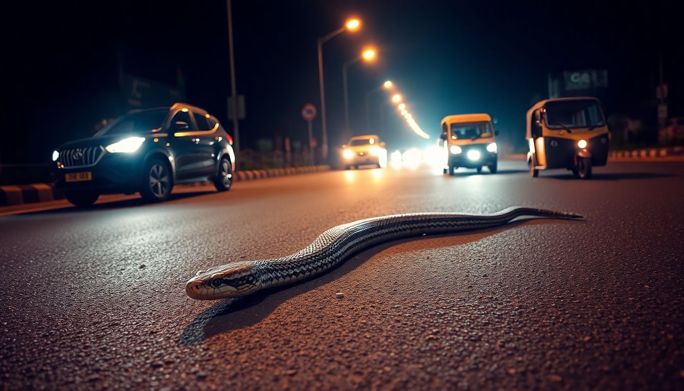 Python crawling across Thane road late at night temporarily halts traffic