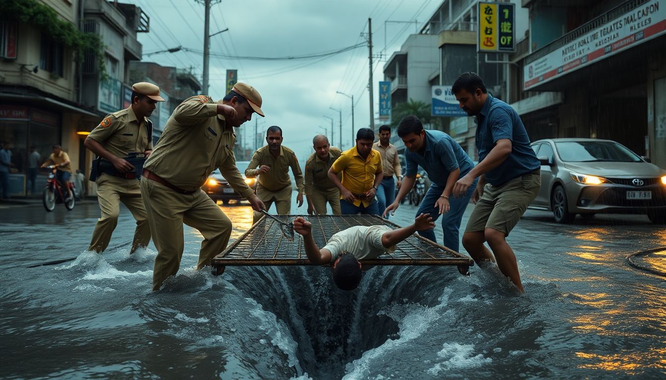 Dahisar Police and residents rescue man trapped in open drain during heavy rains