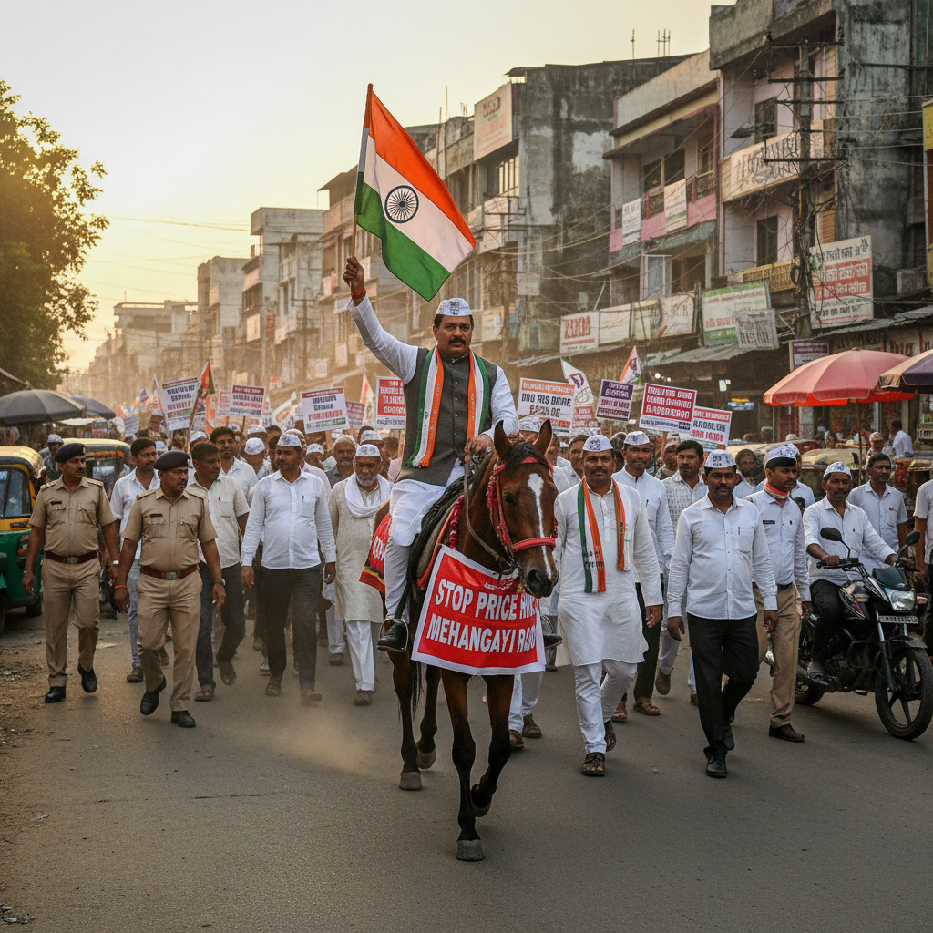 Congress Leader Navin Singh Rides Horse in Kalyan Protest Against Rising Inflation