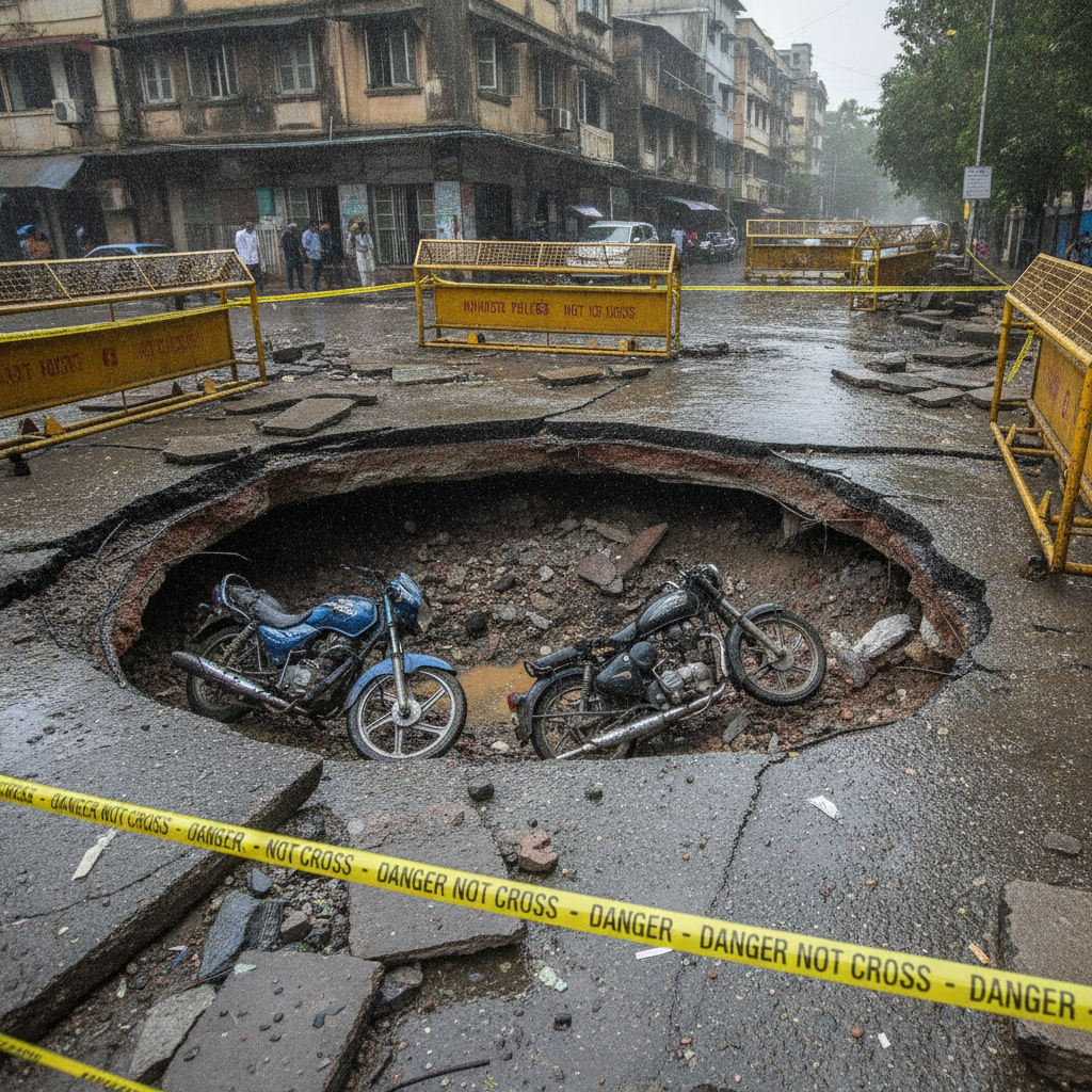 Two motorcycles damaged after footpath collapses in Nahur